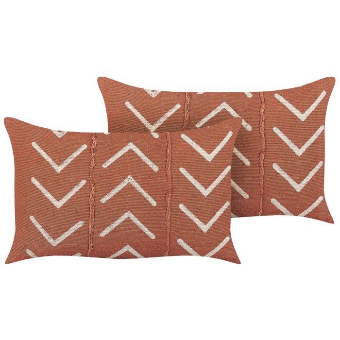 Set of 2 Cotton Cushions Geometric Pattern 35x55cm Orange