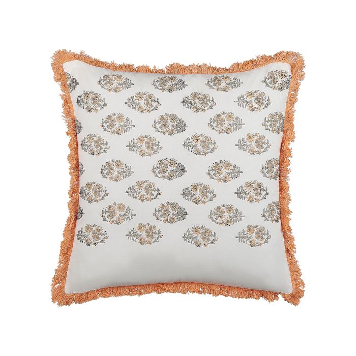 Fringed Cotton Cushion Floral Pattern 45x45cm White and Orange