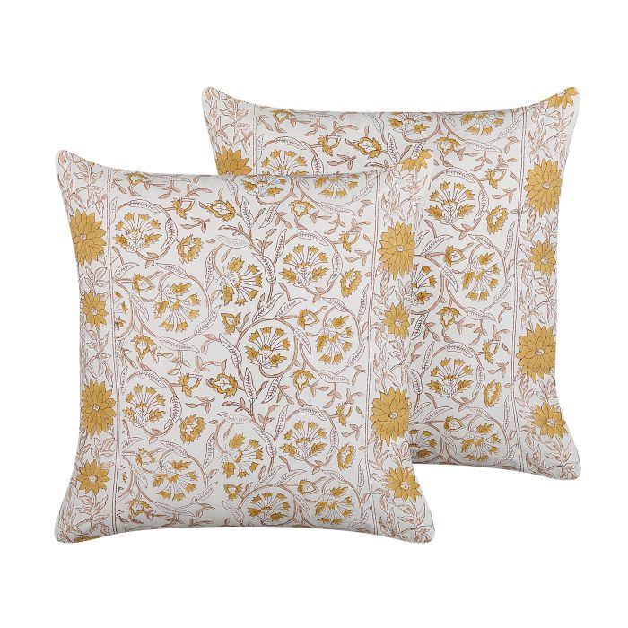 Set of 2 Cotton Cushions Floral Pattern 45x45cm White and Yellow