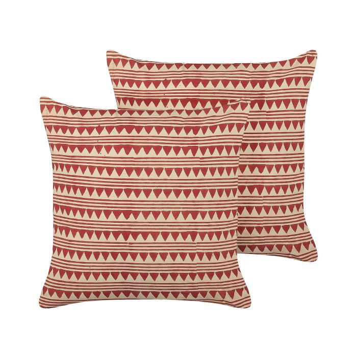 Set of 2 Cotton Cushions Geometric Pattern 45x45cm Red and Beige
