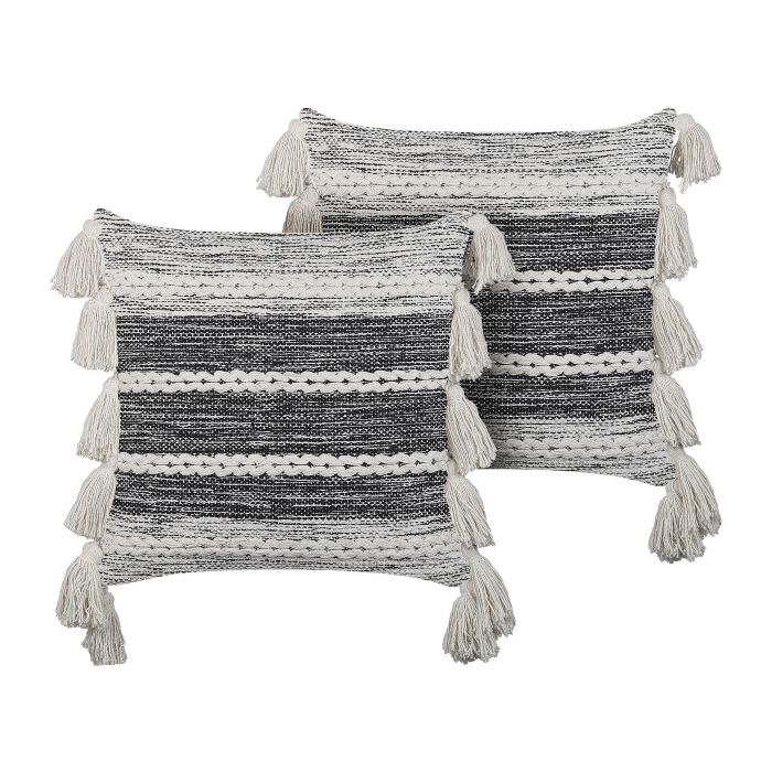 Set of 2 Cotton Cushions with Tassels 45x45cm Black and White