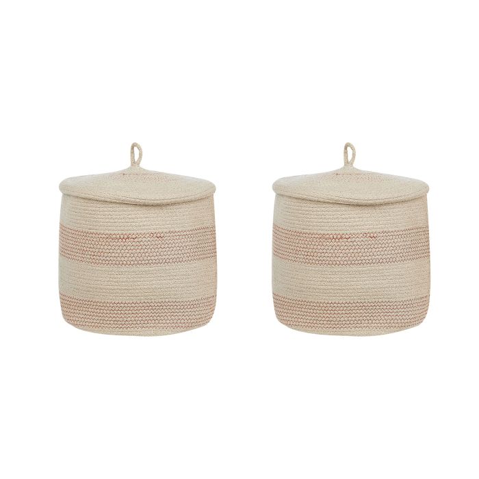 Set of 2 Cotton Baskets with Lids Light Beige