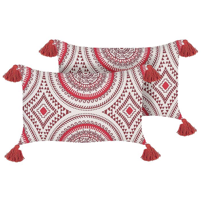 Set of 2 Cotton Cushions Oriental Pattern 30x50cm Red and White