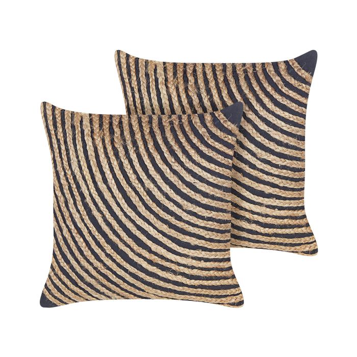 Set of 2 Cotton Cushion with Braided Jute 45x45cm Beige and Black