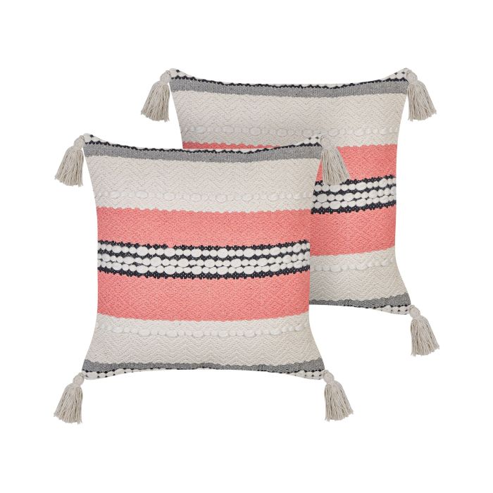 Set of 2 Cotton Cushions Striped Pattern 45x45cm Beige and Red