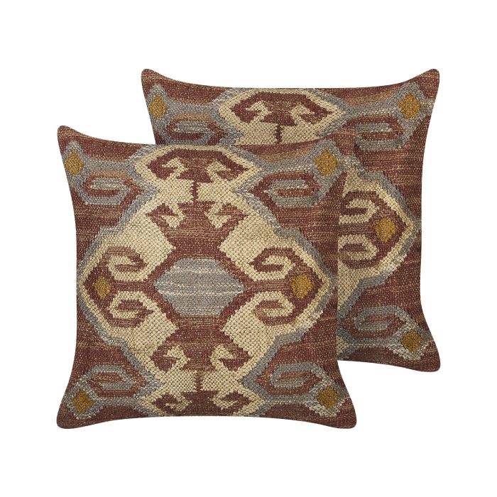 Set of 2 Jute Cushions Geometric Pattern 45x45cm Multicolour