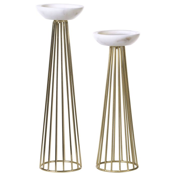 Set of 2 Metal Candlesticks Gold and White