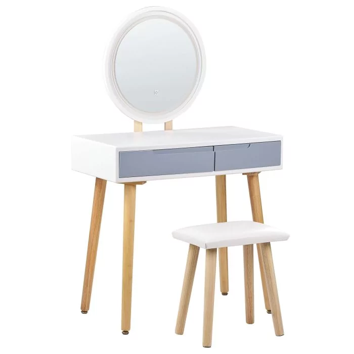 Dressing Table - HUNZA 2 Drawer Dresser White and Grey - Round Mirror 80cm