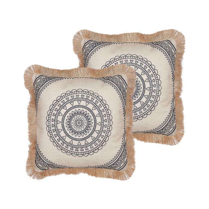Set of 2 Cushions Boho Motif 45x45cm Beige and Black