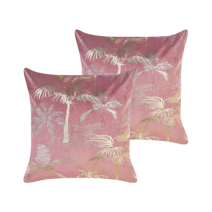 Set of 2 Velvet Cushions Palm Motif 45x45cm Pink