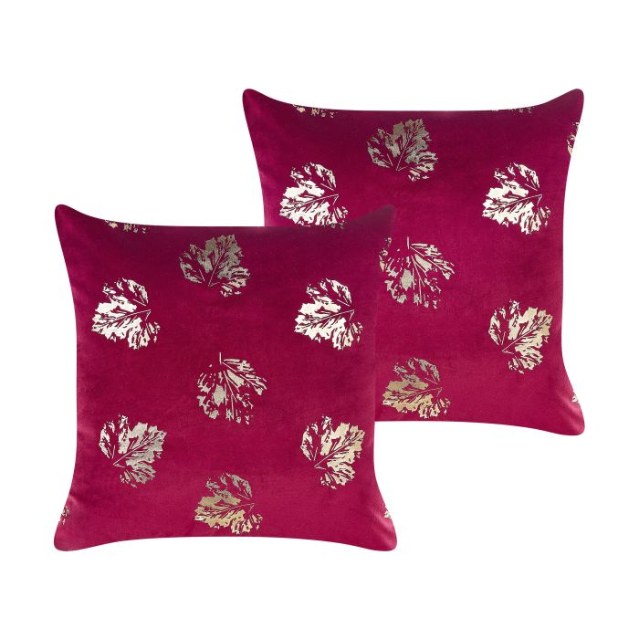 Set of 2 Velvet Cushions Leaf Pattern 45x45cm Burgundy