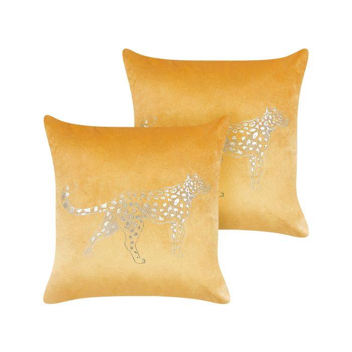 Set of 2 Velvet Cushions Animal Motif 45x45cm Yellow