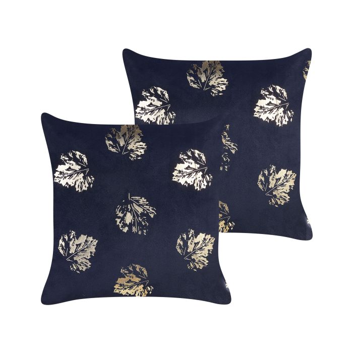 Set of 2 Velvet Cushions Leaf Pattern 45x45cm Black