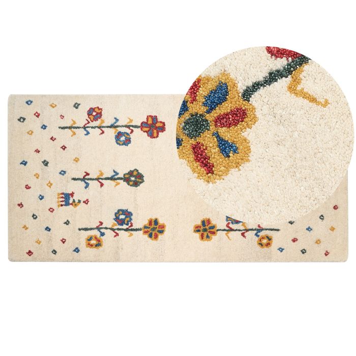 Wool Gabbeh Area Rug with Floral Pattern 80x150cm Beige