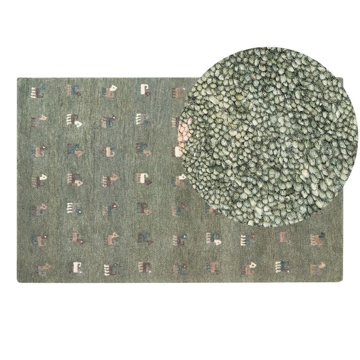 Wool Gabbeh Area Rug with Animal Motif 140x200cm Green