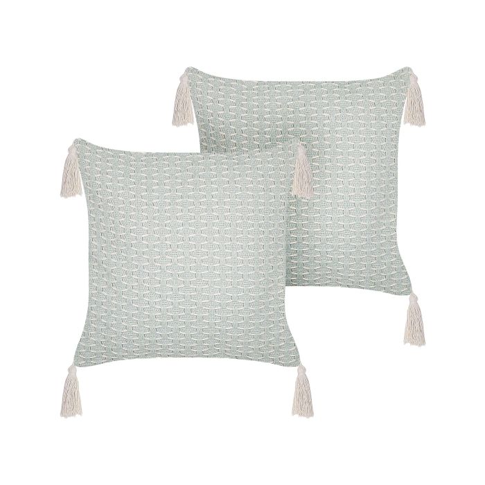 Set of 2 Cushions Geometric Pattern with Tassels 42x42cm Mint Green