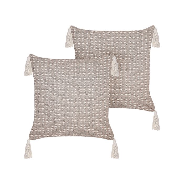 Set of 2 Cushions Geometric Pattern with Tassels 42x42cm Taupe