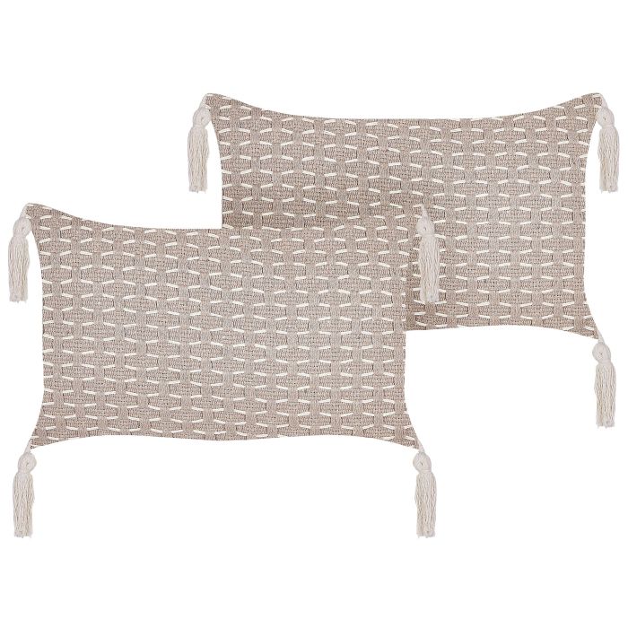 Set of 2 Cushions Geometric Pattern with Tassels 25x45cm Taupe