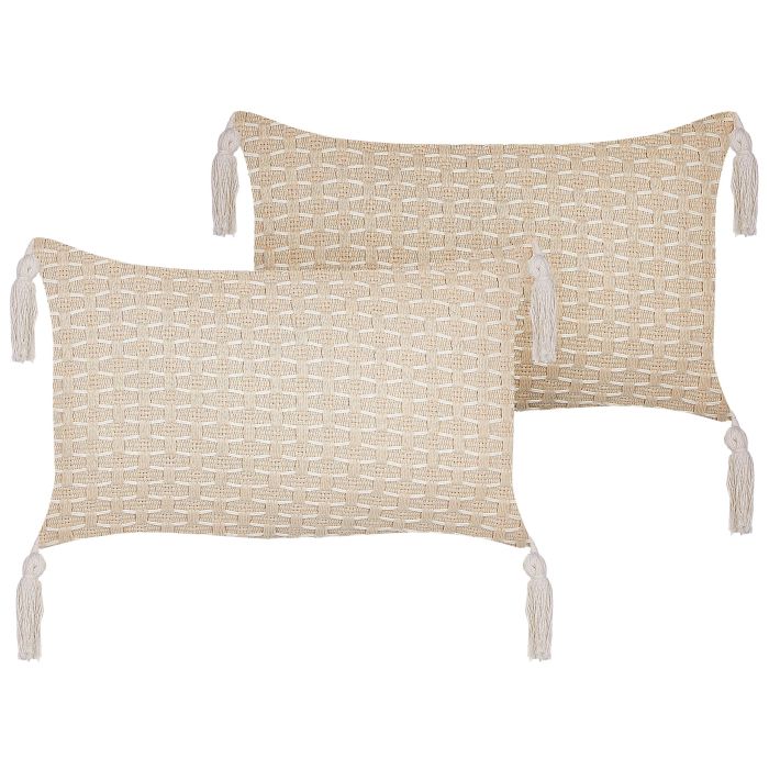 Set of 2 Cushions Geometric Pattern with Tassels 25x45cm Light Beige