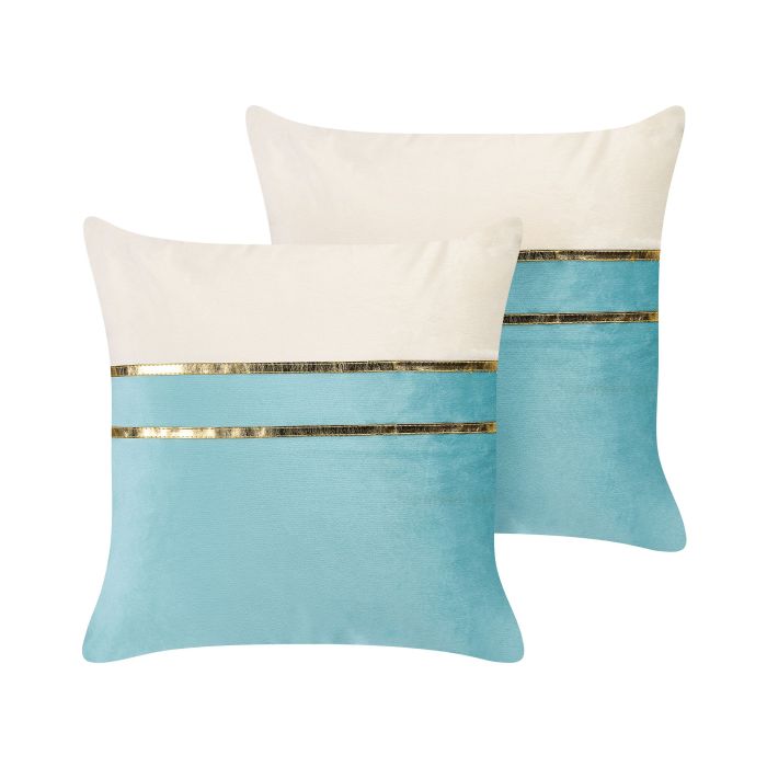 Set of 2 Velvet Cushions 45x45cm Blue and Beige