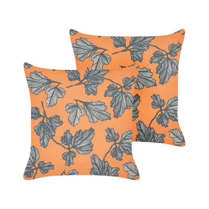 Set of 2 Cushions Leaf Motif 45x45cm Orange and Black