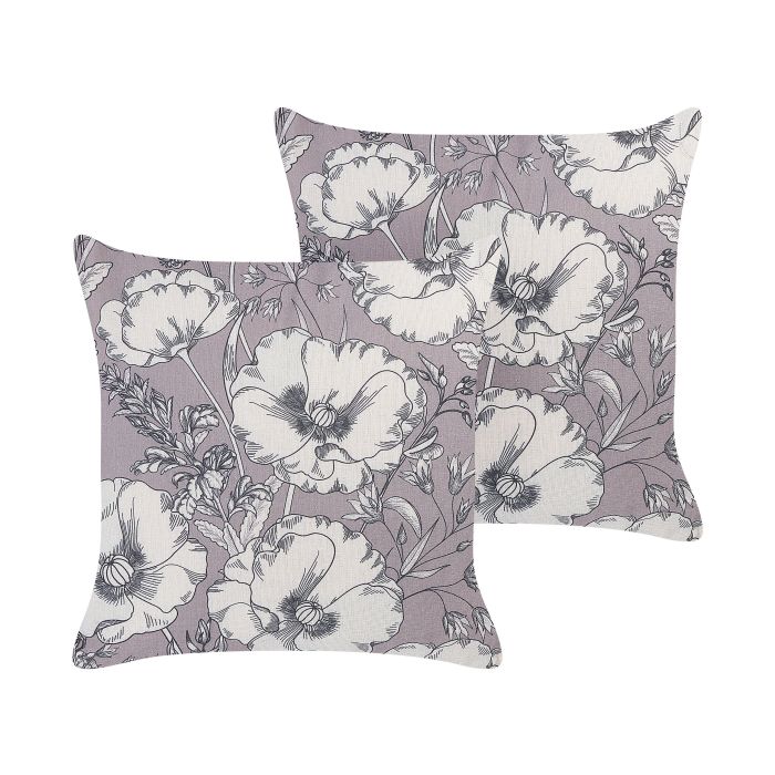 Set of 2 Decorative Cushions Floral Pattern 45x45cm Grey and Off - White