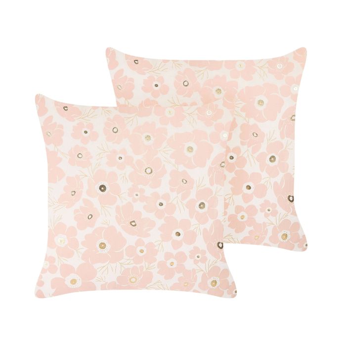 Set of 2 Velvet Cushions Floral Pattern 45x45cm Beige and Pink