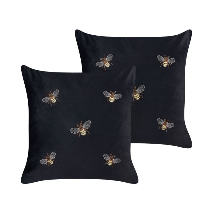 Set of 2 Embroidered Velvet Cushions Bees Motif 45x45cm Black