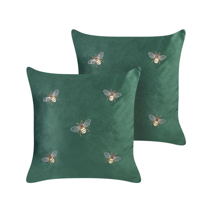 Set of 2 Embroidered Velvet Cushions Bees Motif 45x45cm Green