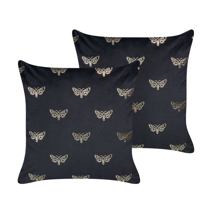 Set of 2 Velvet Cushions Butterfly Pattern 45x45cm Black