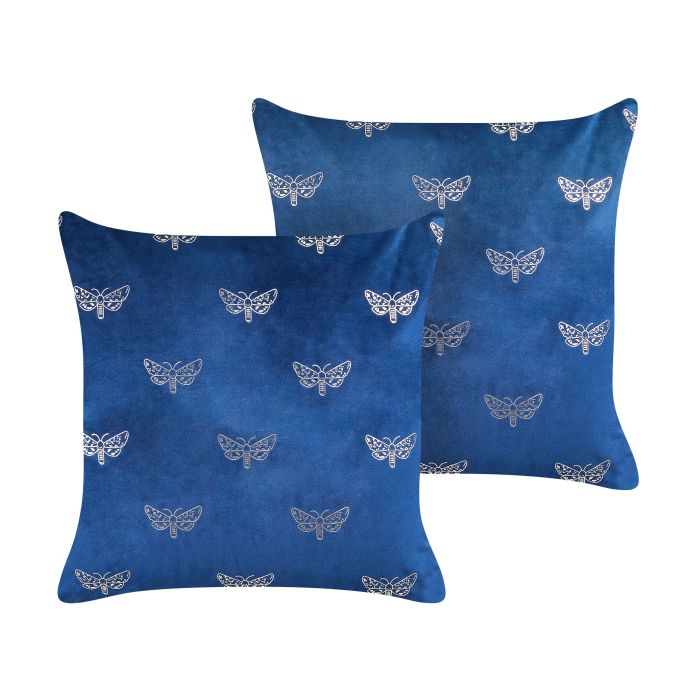 Set of 2 Velvet Cushions Butterfly Pattern 45x45cm Blue