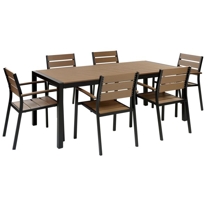 6 Seater Aluminium Garden Dining Set Light Wood and Black VERNIO