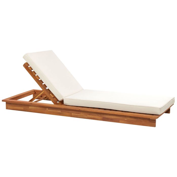 Wooden Reclining Sun Lounger with Cushion Off-White GRANARI