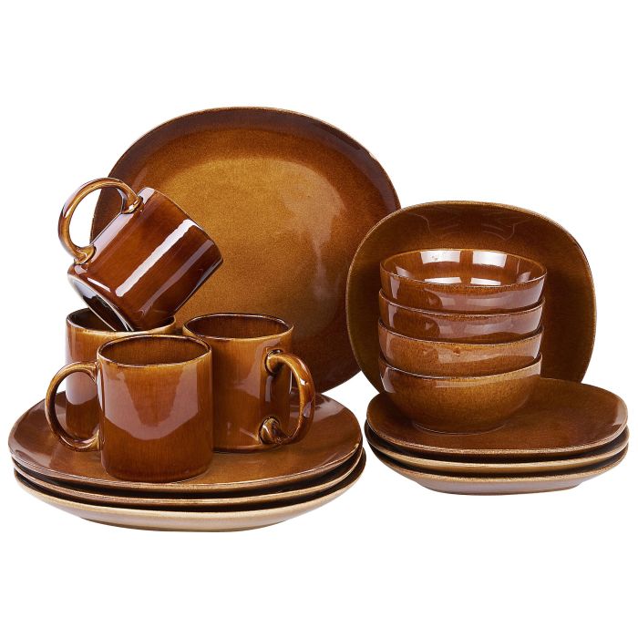 Set of 16 Stoneware Dinnerware Golden Brown TURMERIC