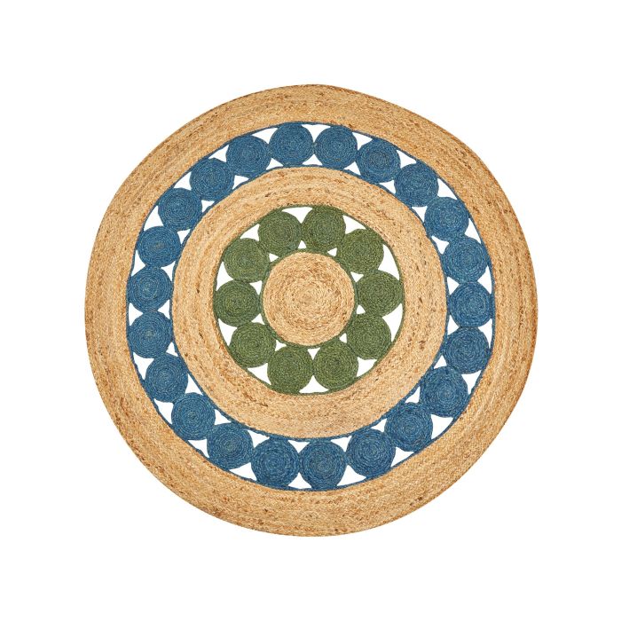 Round Jute Area Rug 140cm Blue and Green