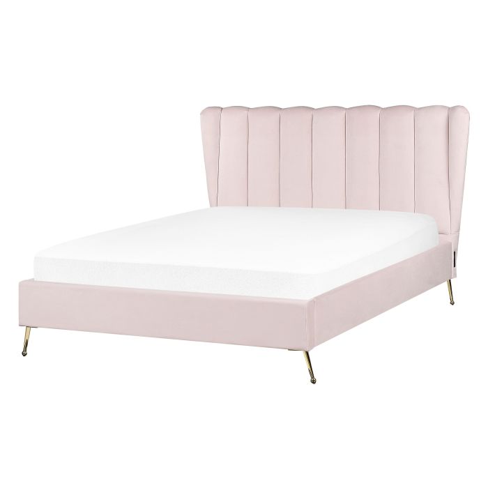 Velvet EU Double Size Bed with USB Port Pink MIRIBEL