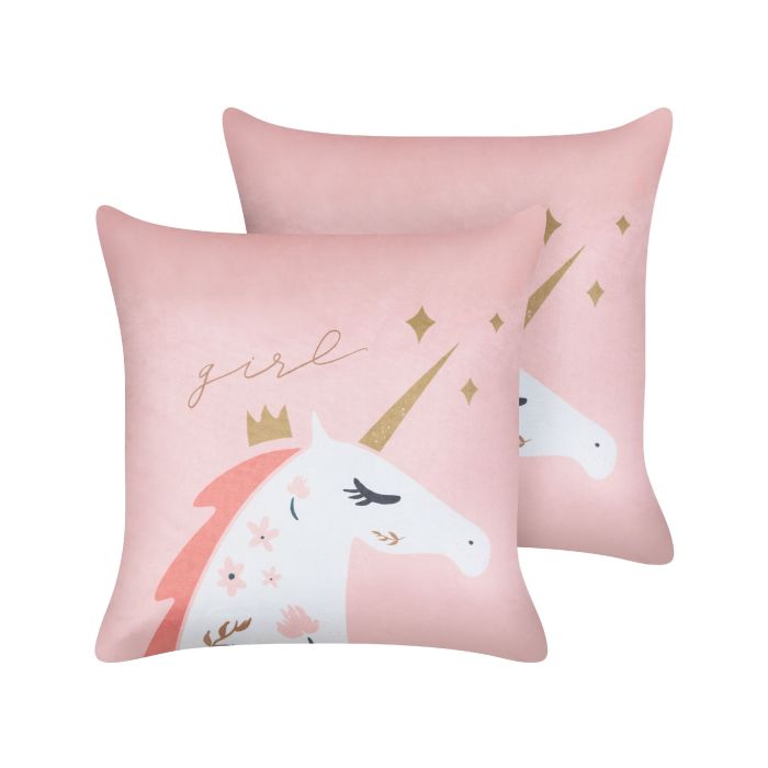 Set of 2 Velvet Kids Cushions Unicorn Motif 45x45cm Pink
