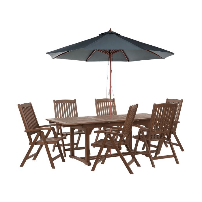 6 Seater Acacia Wood Garden Dining Set with Grey Parasol AMANTEA
