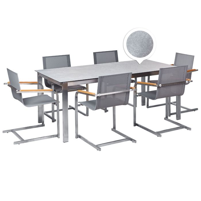 6 Seater Garden Dining Set Grey Glass Top with Grey Chairs COSOLETO