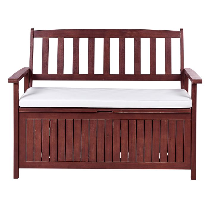 Acacia Wood Garden Bench with Storage 120 cm Mahogany Brown with White Cushion SOVANA