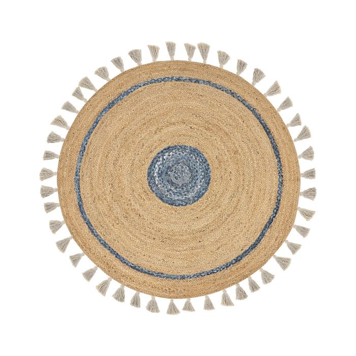 Round Jute Area Rug 140cm Beige and Blue