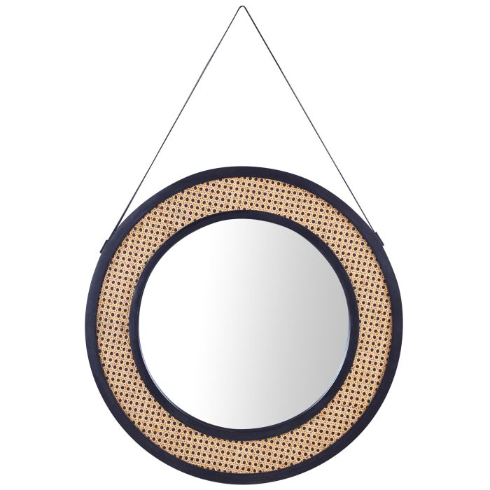Round Rattan Wall Mirror with Strap 70cm Light