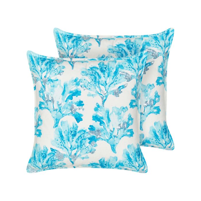 Set of 2 Cotton Cushions Coral Motif 45x45cm White and Blue