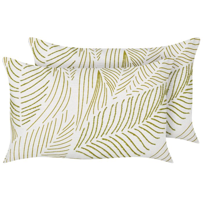 Set of 2 Embroidered Cotton Cushions Leaves Pattern 30x50cm White and Green