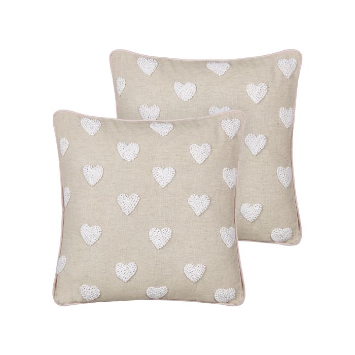 Set of 2 Cotton Cushions Embroidered Hearts 45x45cm Beige