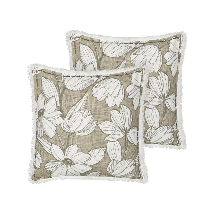 Set of 2 Fringed Cotton Cushions Floral Pattern 45x45cm White and Green