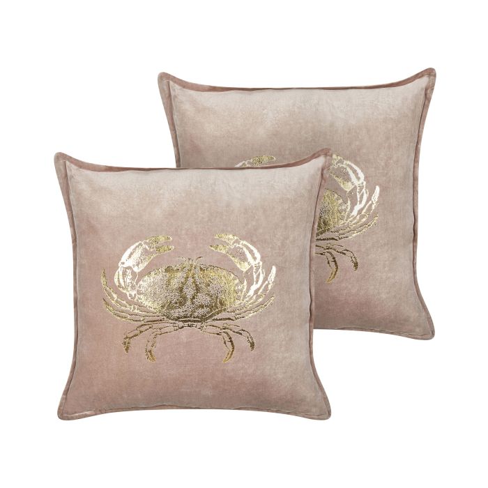 Set of 2 Velvet Cushions Crab Motif 45x45cm Taupe