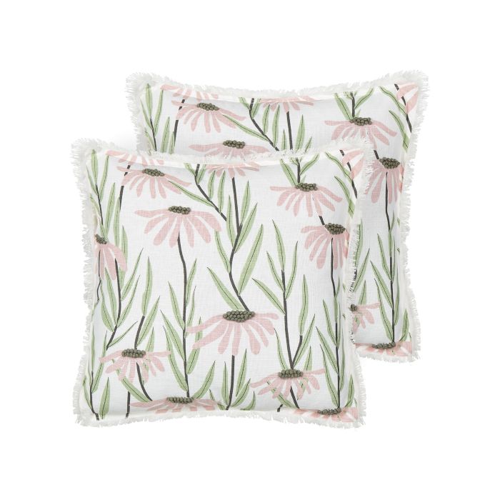 Set of 2 Fringed Cotton Cushions Floral Pattern 45x45cm Multicolour
