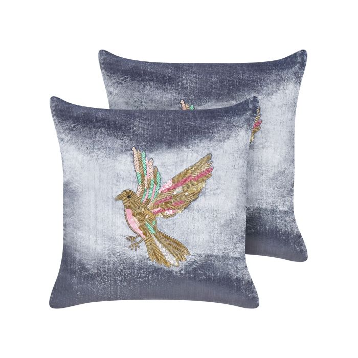 Set of 2 Velvet Cushions Bird Motif 45x45cm Grey