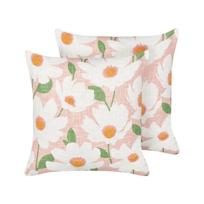 Set of 2 Cotton Cushions Floral Pattern 45x45cm Pink